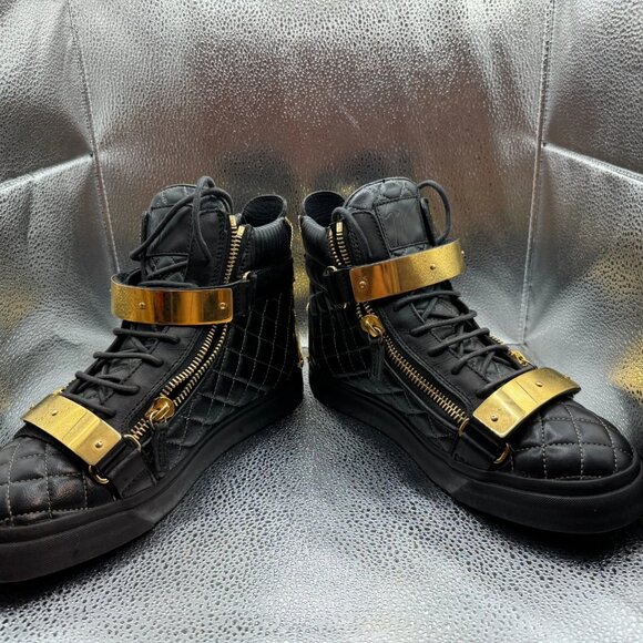 Size 40 - Giuseppe Zanotti Womens Black Leather High Top‎ Gold Quilted Sneakers - Picture 7 of 9